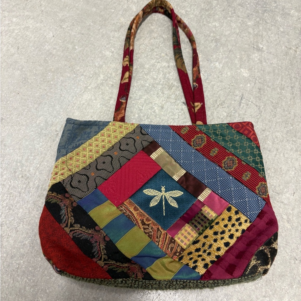 Vintage Handmade Patchwork Tie Dragonfly Shoulder… - image 1